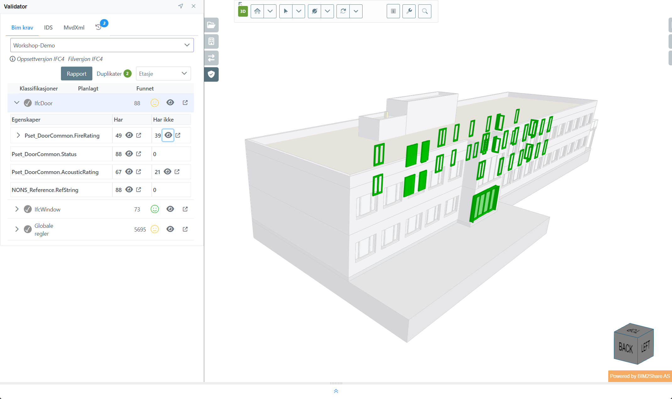 Custom check of IFC model showing doors with missing fire rating.