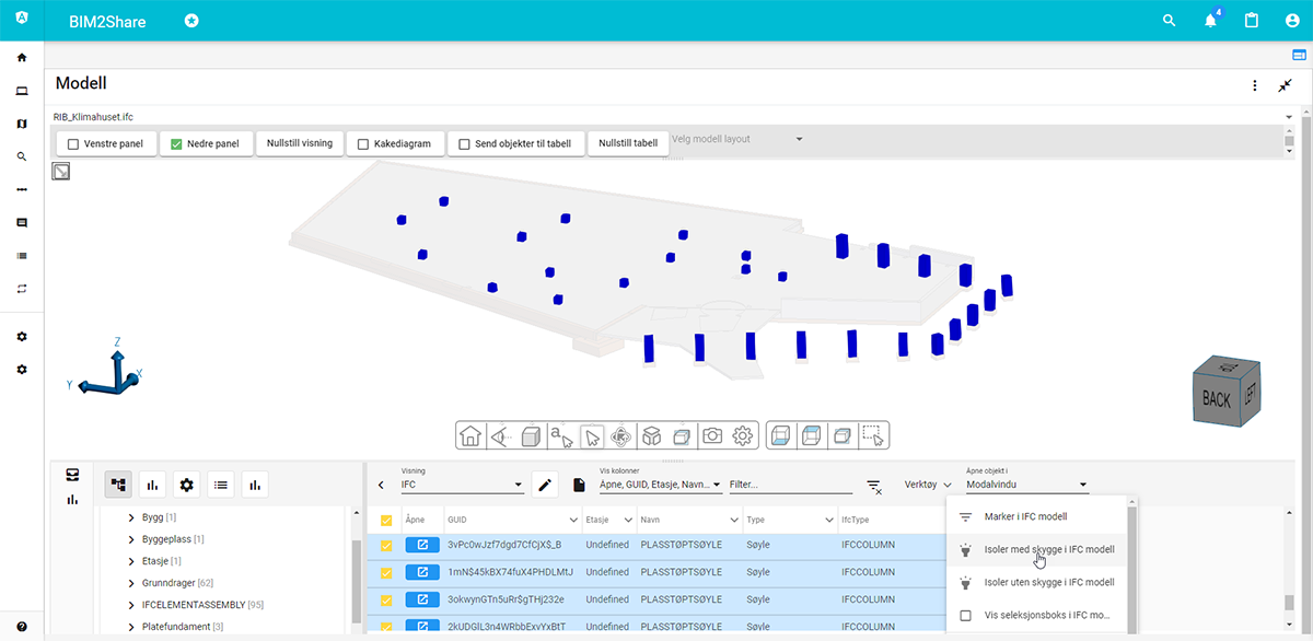 The model window is docked out of the Dashboard and displayed in full screen. The example shows navigation in IFC model, selection of columns and all objects are shown isolated with shadow in IFC model.