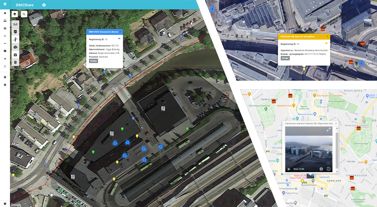 The map can be used for navigation, and different types of information can be switched on and off in the map. The example shows information from Capture (registrations in the field), web cameras (camera on construction site can be connected), NVDB (Norwegian Road Data Bank) data, plans / documents and models can be opened directly from the map.