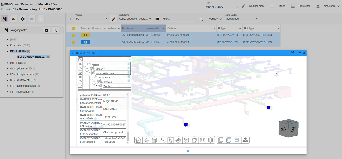 Illustrasjon: Visning av de ulike BIM-objekter i modellen, egenskapsdata/properties fra modellen. Navigeringen i metadata vist på venstresiden kan tilpasses etter ønske med type metadata og antall nivåer. Valgte BIM-objekter kan vises grafisk i modellen, eventuelt med properties/egenskapsdata som ligger i IFC filen.