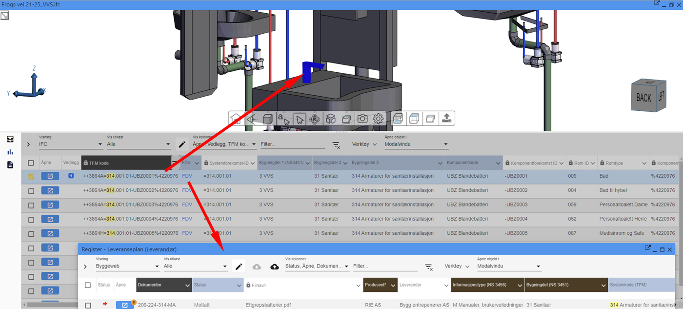 Illustration: List view of BIM objects from model with metadata and associated information.